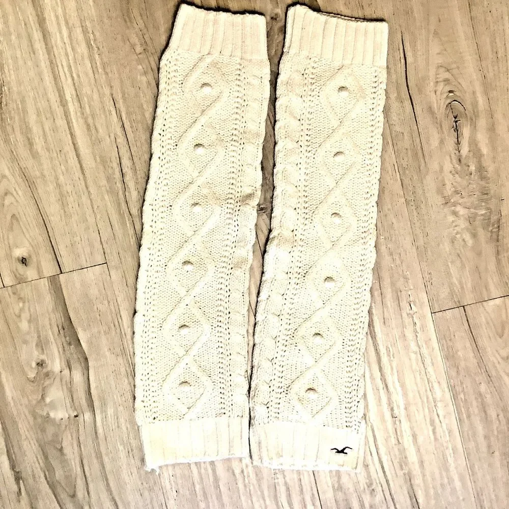 Hollister Arm Leg Warmers Womens One Size Cream Cable Knit Red Bird Logo